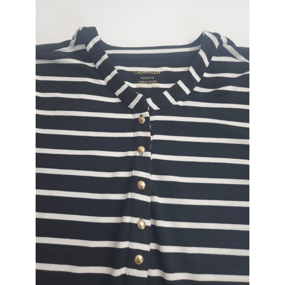 Calvin Klein Women's Short Sleeve 1/2 Button Up Casual Striped Blouse, XL